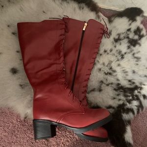 NWOT Burgundy Knee-High Boots with Zipper, Laces, and 2” Heel
